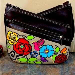 Brown Leather Crossover/Shoulder Bag with Hand Painted Vibrant Flowers